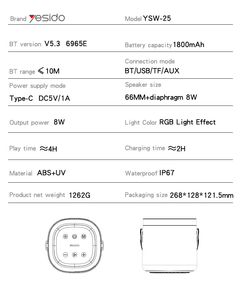 Yesido YSW25 Portable Wireless Speaker (IP67) Parameter