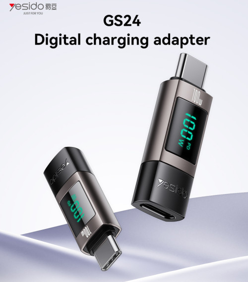 GS24 Aluminum Alloy Data Transmission Power Real-time Display TC To TC  Digital Charging Adapter