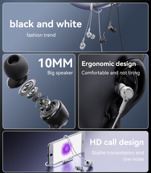 YH53 Black And White Three-button Remote HD Call Design In-ear 3.5mm Interface Wired Earphone