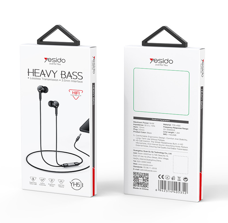 YESIDO YH53 3.5mm Plastic In-ear Wired Earphone Packaging