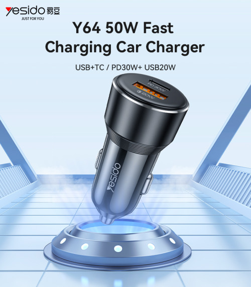 Y64 Aluminum Alloy USB+TC PD30W + USB20W Multi Protection 50W Fast Charging Car Charger