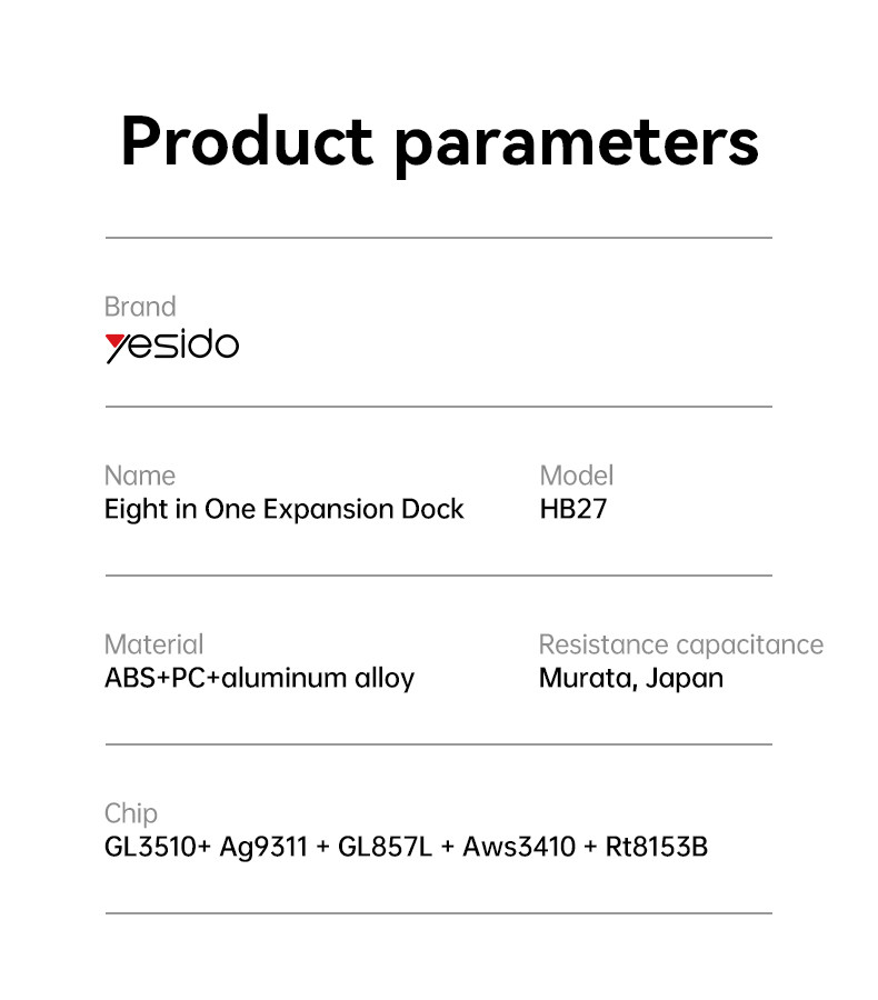 HB27 Eight in One Expansion Dock USB Hub Parameter