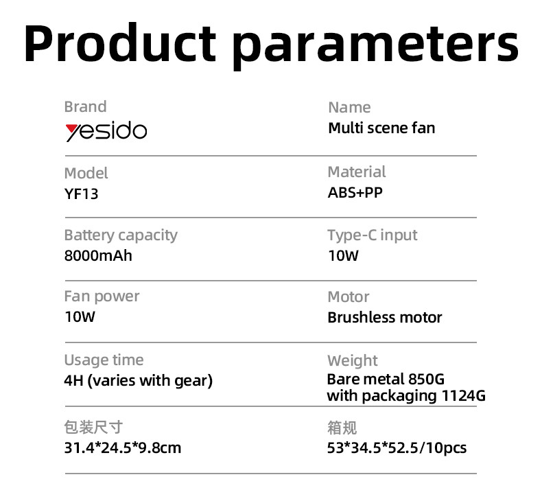 Yesido YF13 With LED Ambient Light Multi Scene Fan Parameter