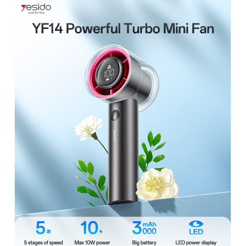 YF14 LED Power Display Powerful With 3000mAh Battery 5 Stages Of Speed Turbo Mini Fan