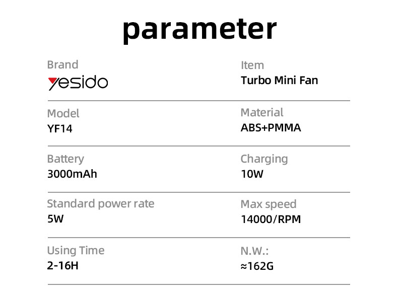 Yesido YF14 5 Stages Of Speed Turbo Mini Fan Parameter