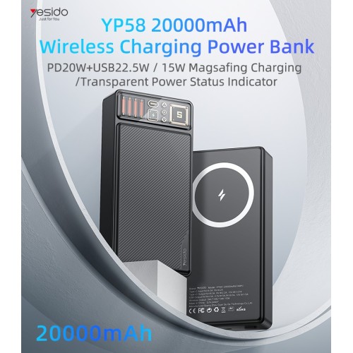 YP58 20000mAh 15W Magnetic Wireless Fast Charging Transparent Power Status Indicator Power Bank