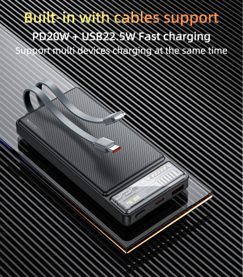 YP55 10000mAh PD20W+USB22.5W Fast Charging Transparent Power Status Indicator With Cable Power Bank