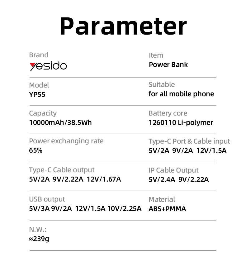 YP55 10000mAh Power Bank With Cable Parameter