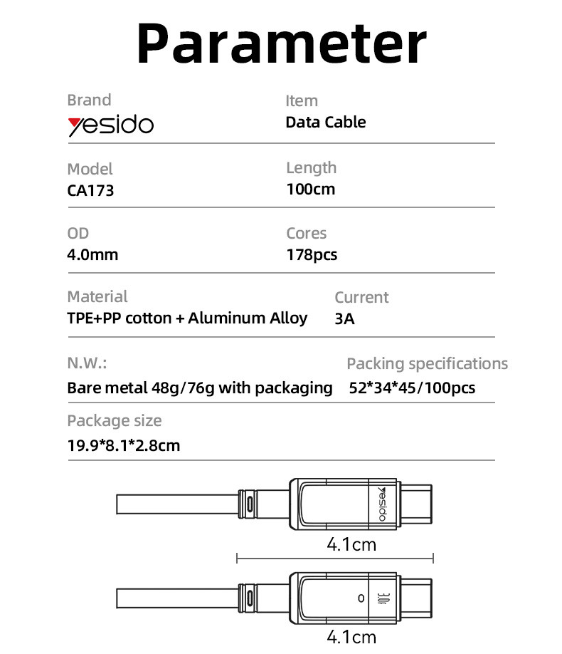 CA173 USB To TC 18W Magnetic Saving Data Cable Parameter