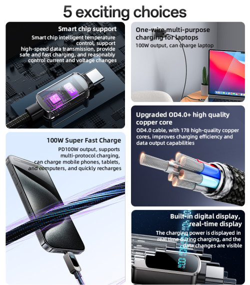 CA179 1.2 Meters Type-C To Type-C PD 100W Super Fast Charging Built-in Digital Display Data Cable