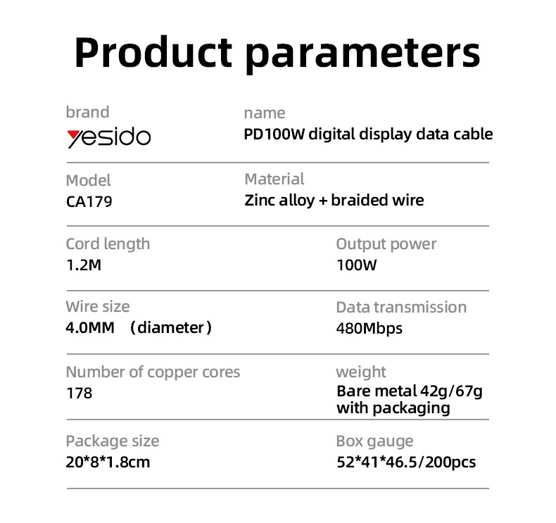 CA179 100W Type-C To Type-C Data Cable Parameter