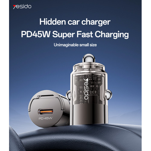 Y67 Aluminum Alloy Transparent Shell Pull Ring Design PD45W Fast Charging Mini Hidden Car Charger