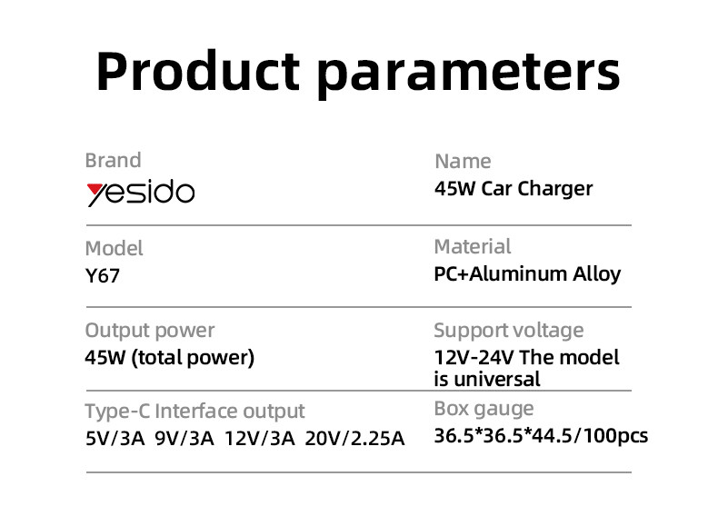 Yesido Y67 45W Fast Charging Mini Hidden Car Charger Parameter