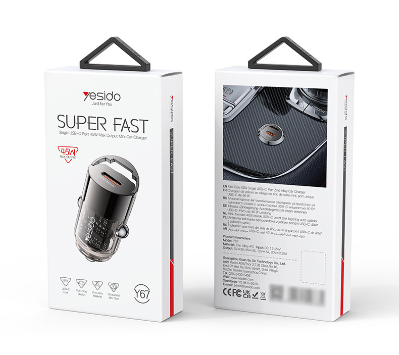 Yesido Y67 45W Fast Charging Mini Hidden Car Charger Packaging