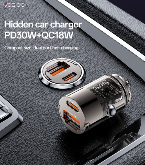 Y68 Aluminum Alloy Transparent Shell Pull Ring Design PD30W+QC18W Fast Charging Hidden Car Charger