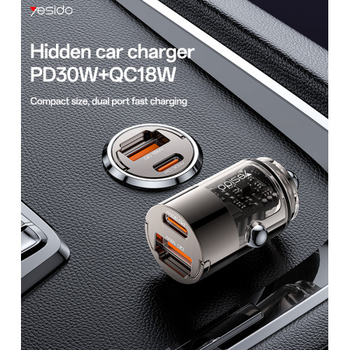 Y68 Aluminum Alloy Transparent Shell Pull Ring Design PD30W+QC18W Fast Charging Hidden Car Charger