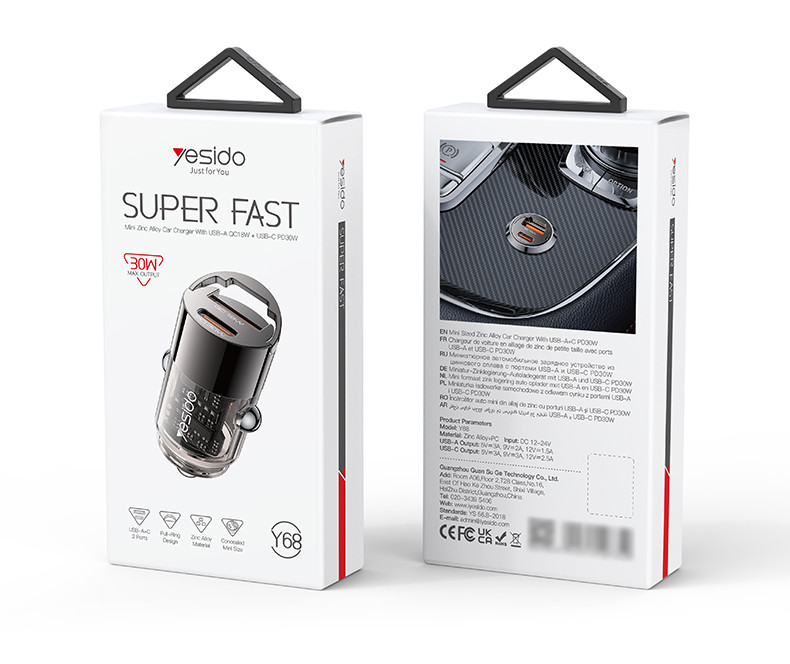 Yesido Y68 30W Fast Charging Mini Hidden Car Charger Packaging