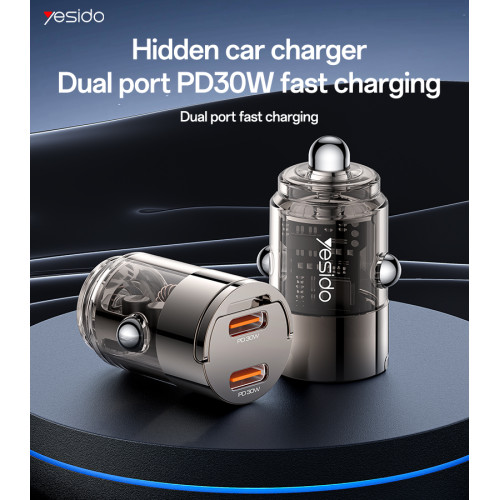 Y69 Aluminum Alloy Transparent Shell Pull Ring Design PD 30W Fast Charging Mini Hidden Car Charger