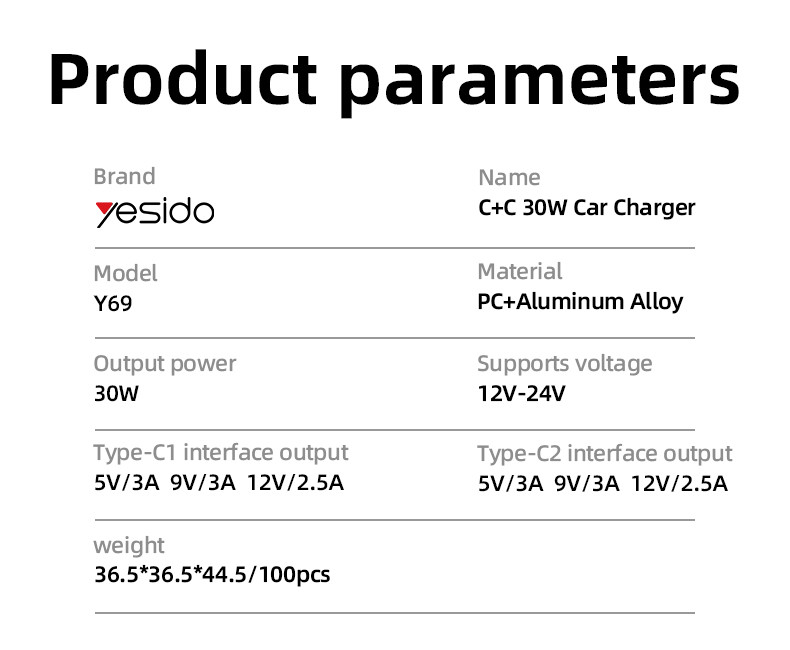 Yesido Y69 30W Fast Charging Mini Hidden Car Charger Parameter