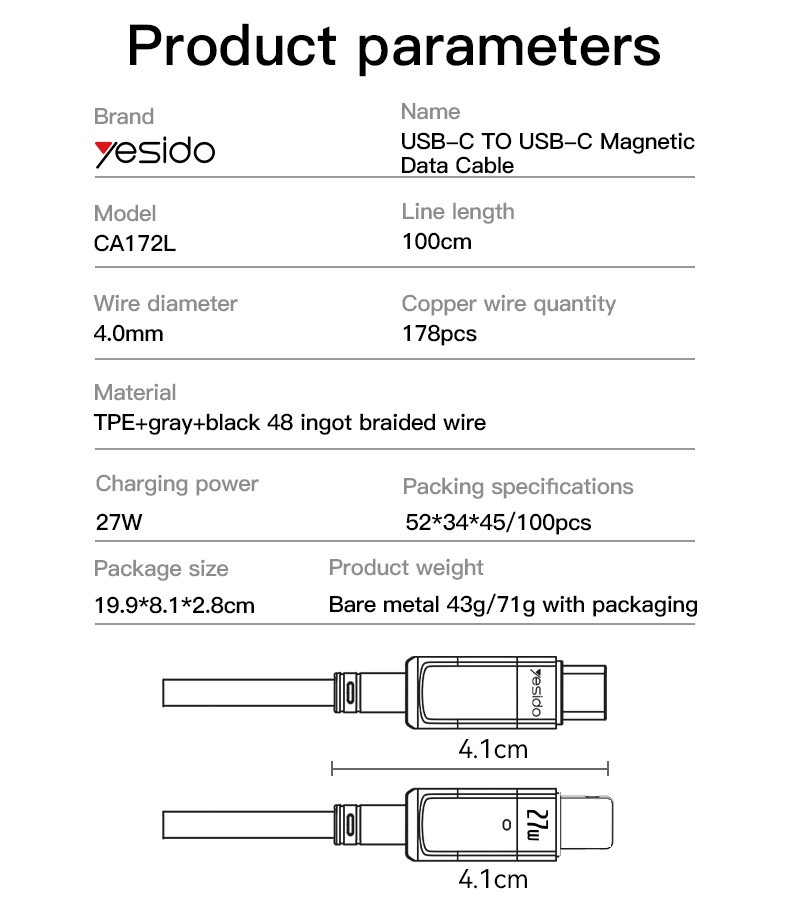 CA172L Type-C To IP 27W Magnetic Saving Data Cable Parameter