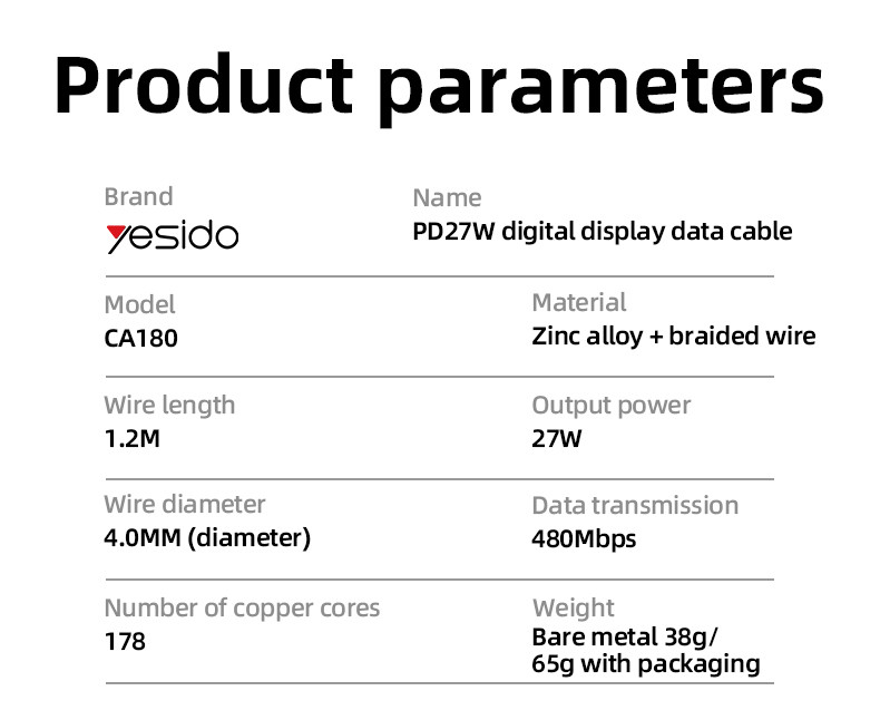 CA180 Type-C To IP 27W Fast Charging Data Cable Parameter