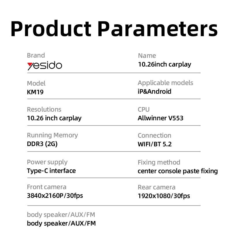 KM19 Car Audio And Video Navigation 10.26 Inch Carplay Parameter