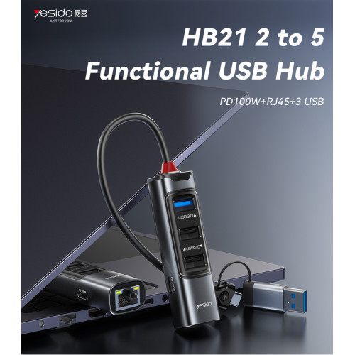 HB21 Aluminum Alloy PD100W Fast Charging Type-C/USB To PD100W + RJ45 + 3 USB Functional USB Hub