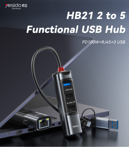 HB21 Aluminum Alloy PD100W Fast Charging Type-C/USB To PD100W + RJ45 + 3 USB Functional USB Hub