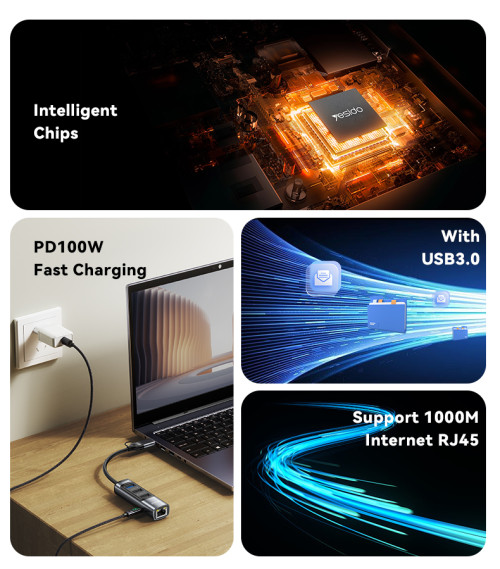 HB21 Aluminum Alloy PD100W Fast Charging Type-C/USB To PD100W + RJ45 + 3 USB Functional USB Hub