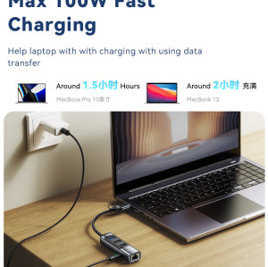 HB21 Aluminum Alloy PD100W Fast Charging Type-C/USB To PD100W + RJ45 + 3 USB Functional USB Hub