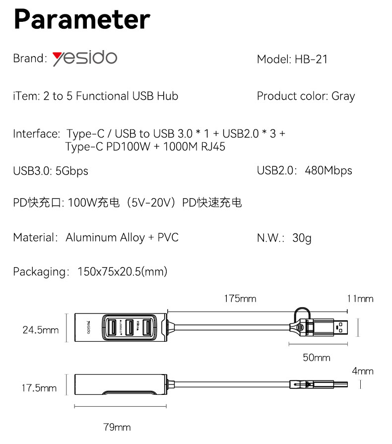 HB21 2 to 5 Functional USB Hub Parameter