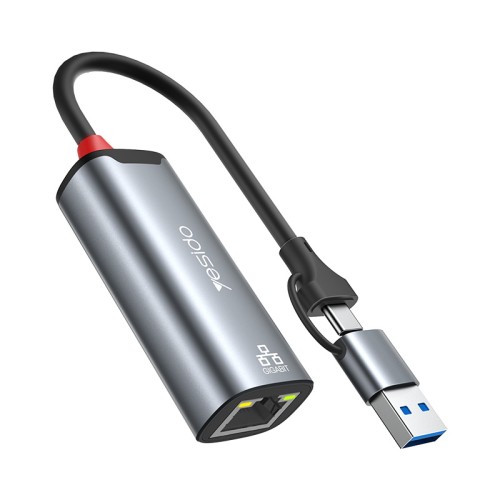 HB26 Aluminum Alloy 1000Mbps Wired High-speed Transmission TC/USB 2in1 Gigabit Ethernet Converter