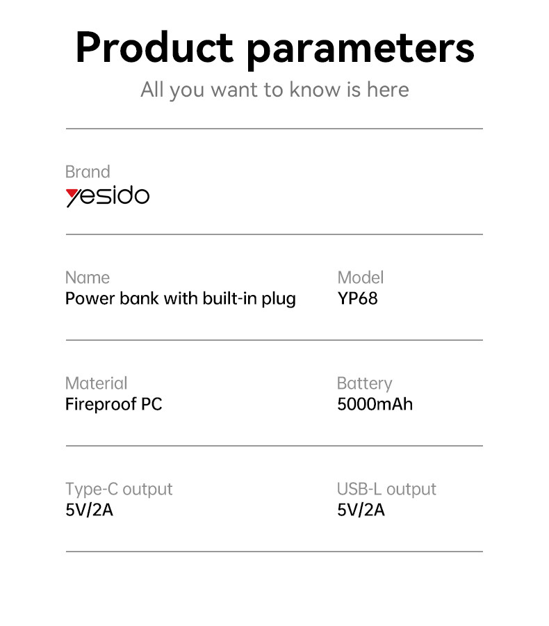 YESIDO YP68 5000mAh Ultra Mini Power Bank Parameter