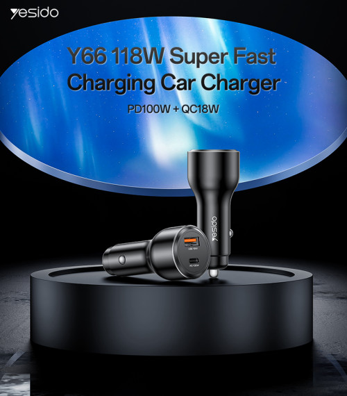 Y65 118W Super Fast Charging Aluminum Alloy QC18W+PD100W USB & Type-C Dual Ports Car Charger