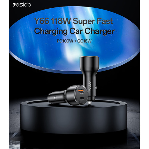 Y65 118W Super Fast Charging Aluminum Alloy QC18W+PD100W USB & Type-C Dual Ports Car Charger