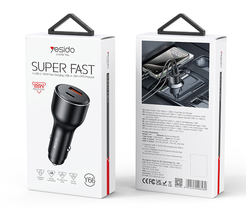 Yesido Y65 Dual Ports 118W Fast Charging Car Charger Packaging