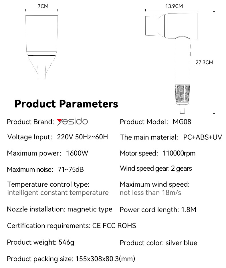 Yesido MG08 Negative Lon Conditioning Hair Dryer Parameter