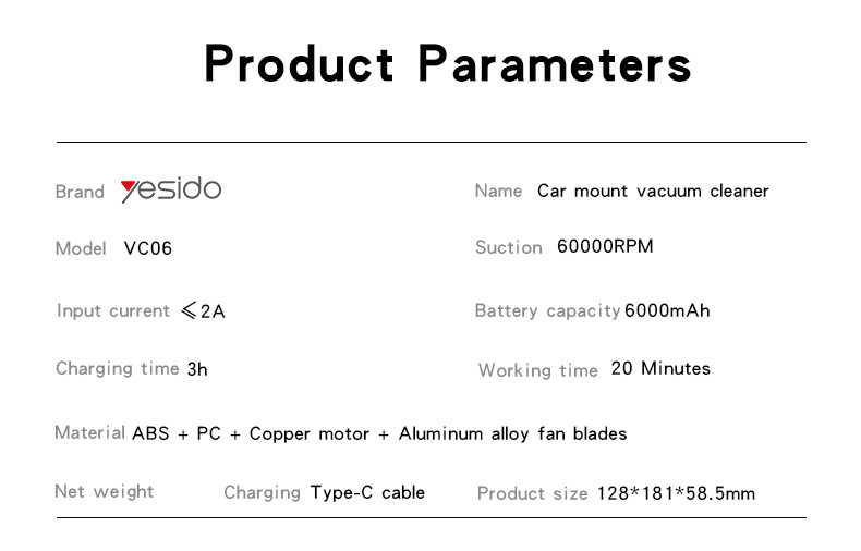 Yesido VC06 Handheld Vacuum Cleaner Parameter