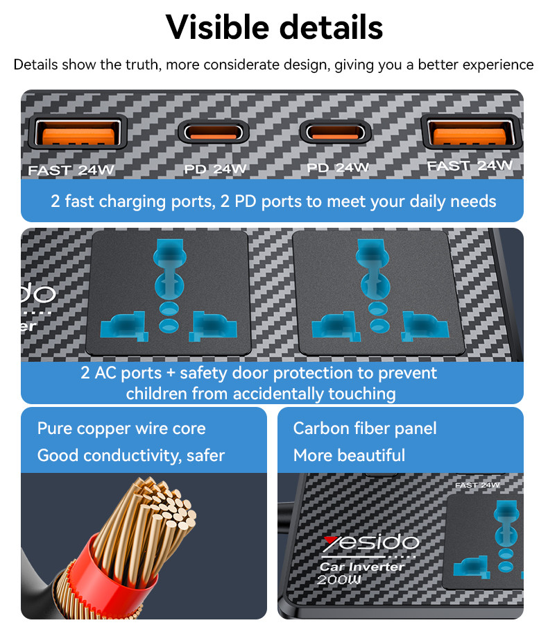 Yesido VC07 200W Adapter Charger Car Inverter Details