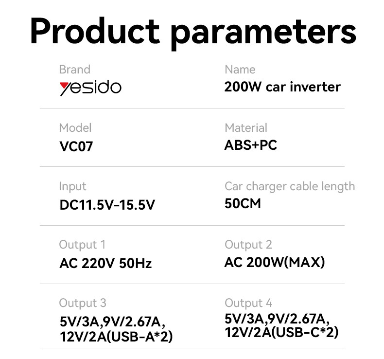 Yesido VC07 200W Adapter Charger Car Inverter Parameter