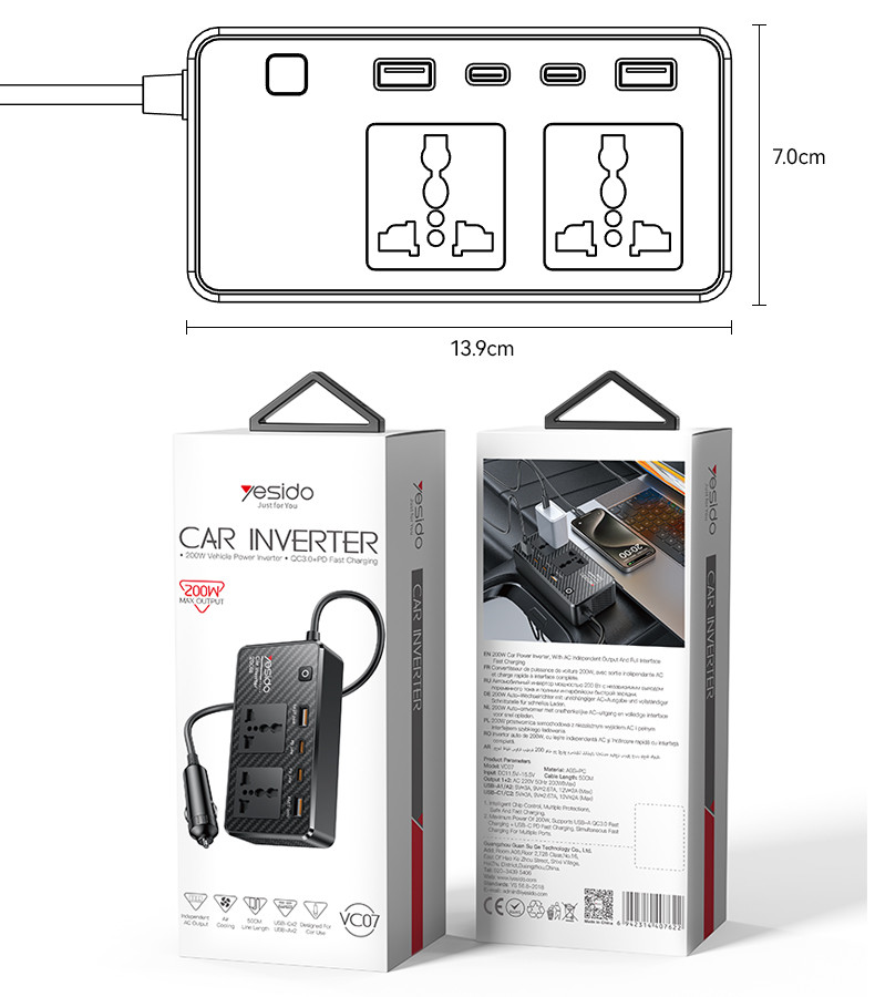 Yesido VC07 200W Adapter Charger Car Inverter Packaging