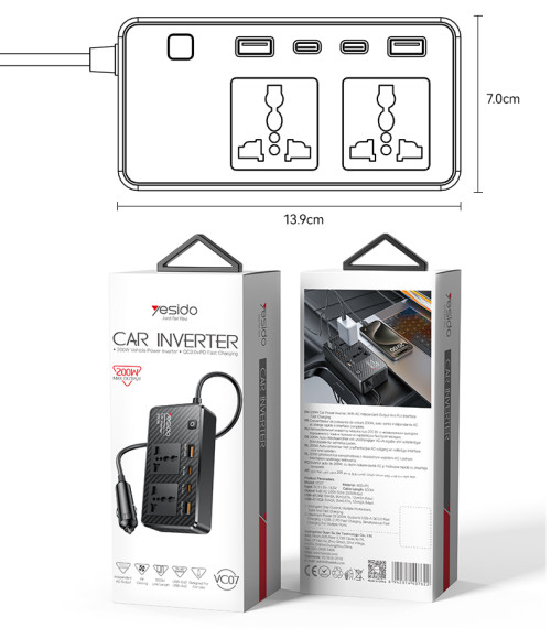 VC07 12V To 200V Incependent Switch Multiple Protections USB QC3.0+TC PD Fast Charging Car Inverter