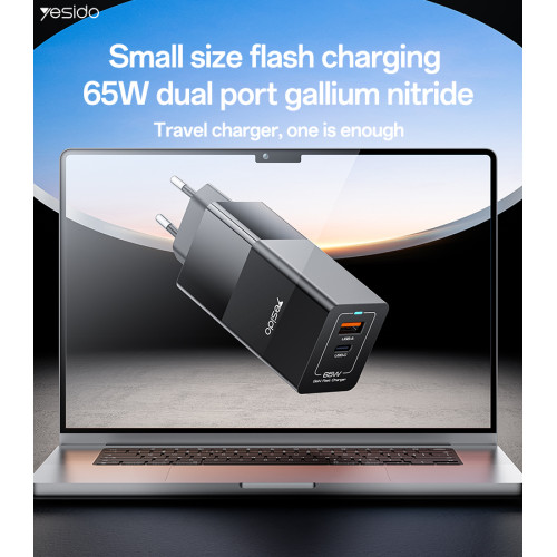 YC73 65W Fast Charging USB & Type-C Dual Ports PC Fireproof GaN European Specification Charger