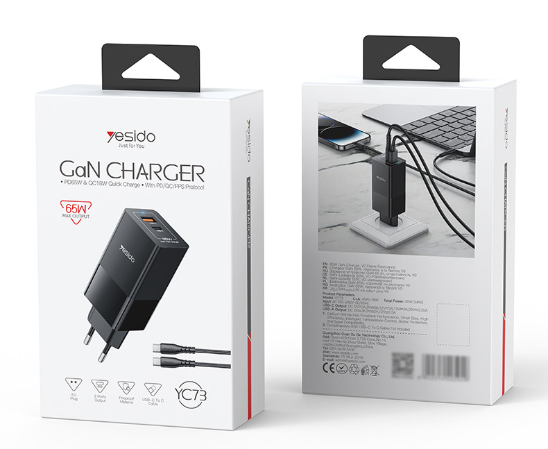 YC73 EU 65W Fast Charging Wall Charger(USB+TC) Packaging