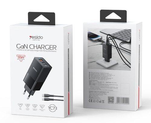 YC73 65W Fast Charging USB & Type-C Dual Ports PC Fireproof GaN European Specification Charger