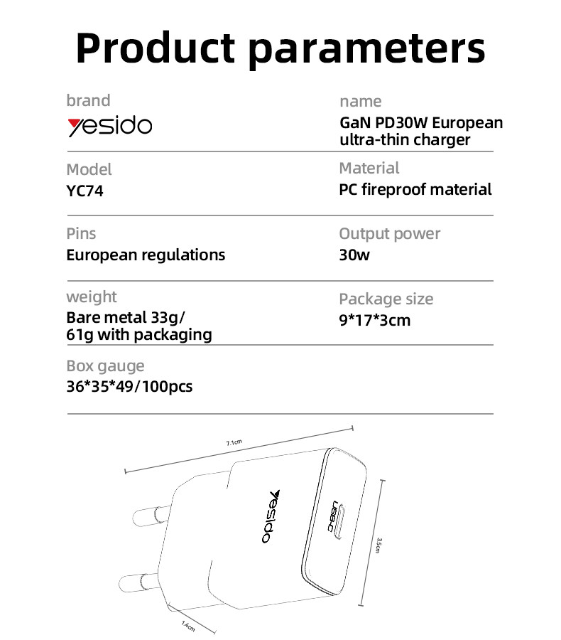 YC74 EU 30W GaN Fast Charging Ultra-thin Charger(TC) Parameter