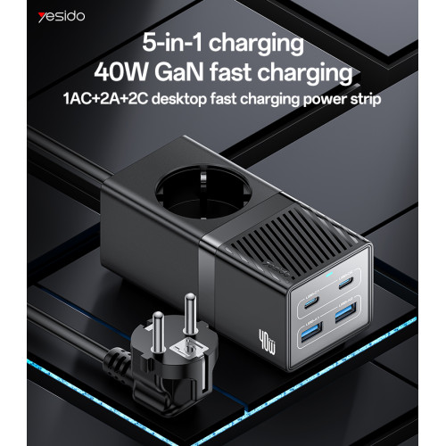 MC35 AC&2*TC&2*USB 5 In 1 European Standard Fireproof PC 40W&2500W GaN Fast Charging Power Socket