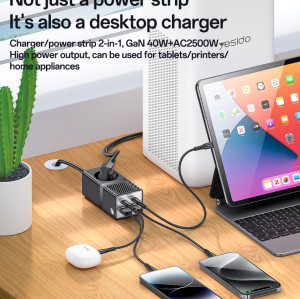 MC35 AC&2*TC&2*USB 5 In 1 European Standard Fireproof PC 40W&2500W GaN Fast Charging Power Socket