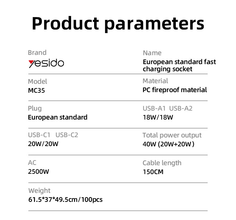 MC35 40W & 2500W EU GaN Fast Charging Charger Hub Parameter