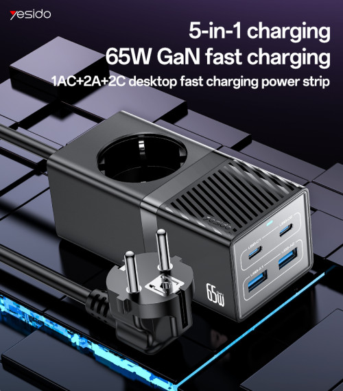 MC36 AC&2*TC&2*USB 5 In 1 European Standard Fireproof PC 65W+2500W GaN Fast Charging Power Socket